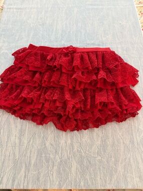 Red Tiered Lace Ruffle Mini Skirt